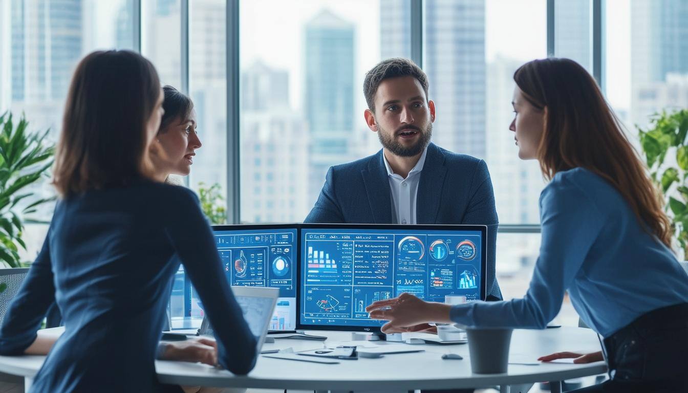 The image depicts a group of diverse professionals—two women and a man—engaged in a collaborative discussion around a hightech conference table equipp