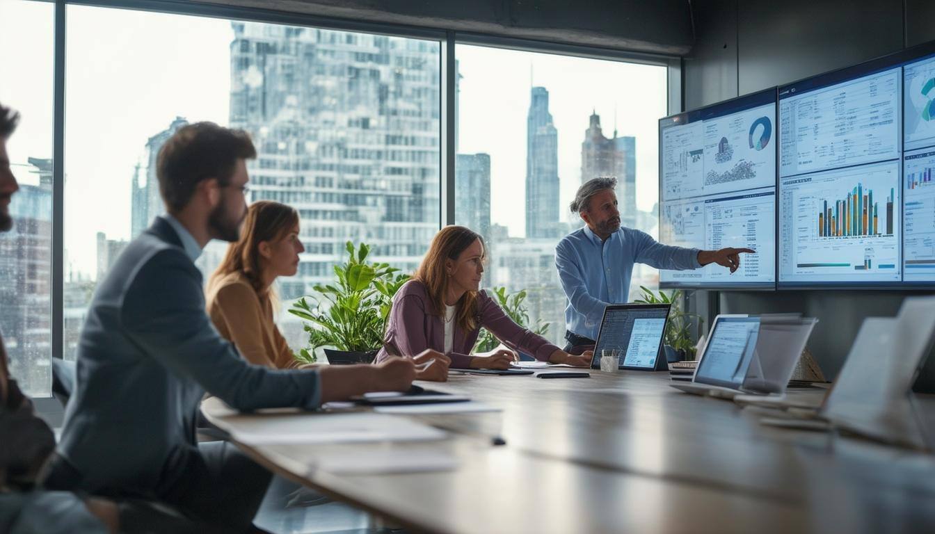 The image depicts a modern facilities management office, featuring a large conference table surrounded by professionals engaged in discussion-1