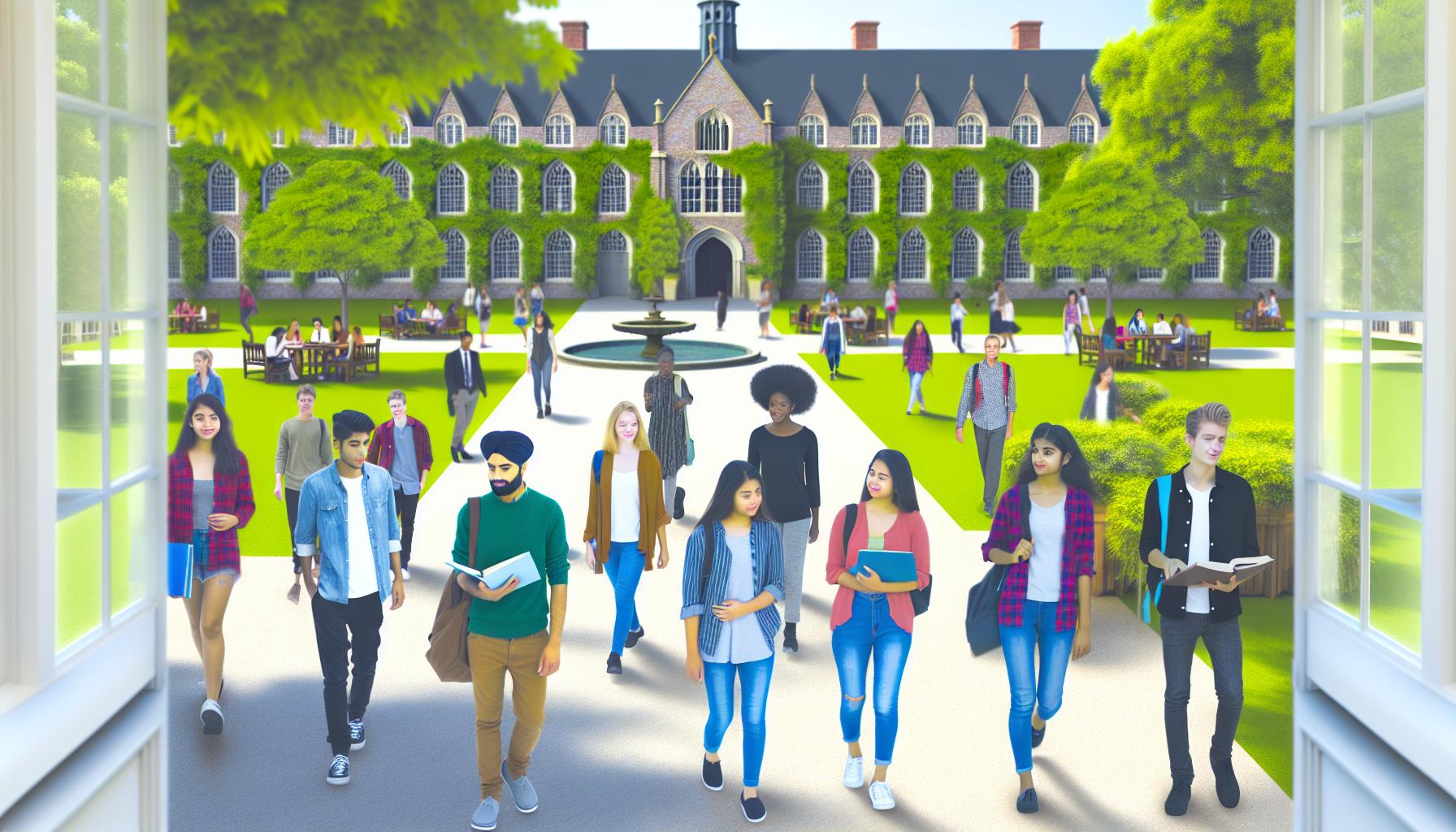 An image of a college campus with wellmaintained buildings and grounds, showing students walking between classes and enjoying the environment