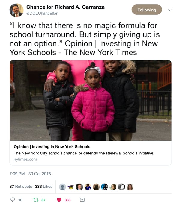 New York City Schools Chancellor defends Renewal Schools initiative on Twitter