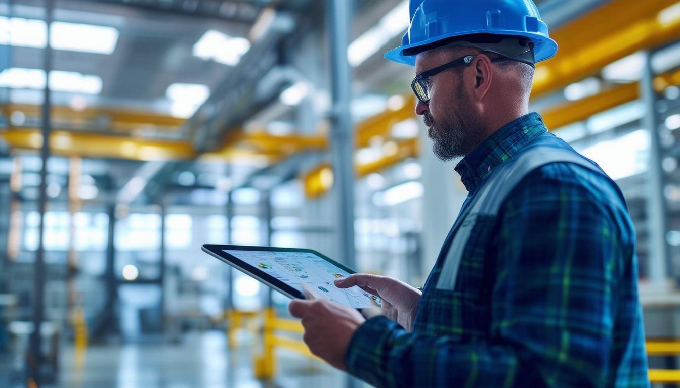 Facility manager using a tablet to review data insights in a centralized hub for efficient operations-2